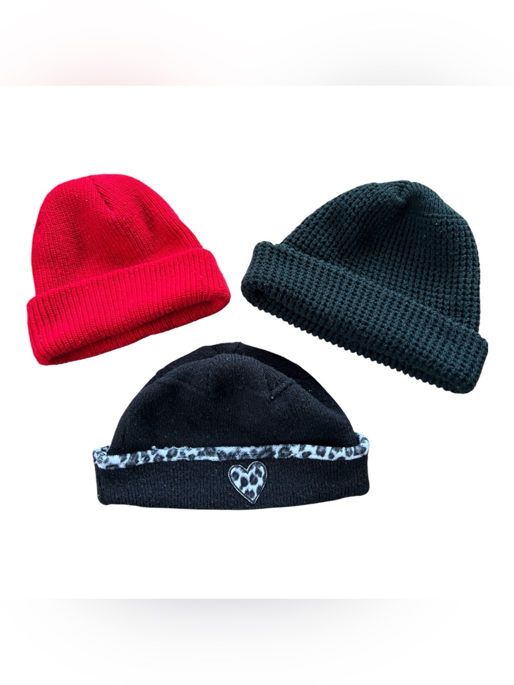 Kids Knit Beanie Hat - Red, Black WigWam& Black Leopard Print Cute Heart Accent